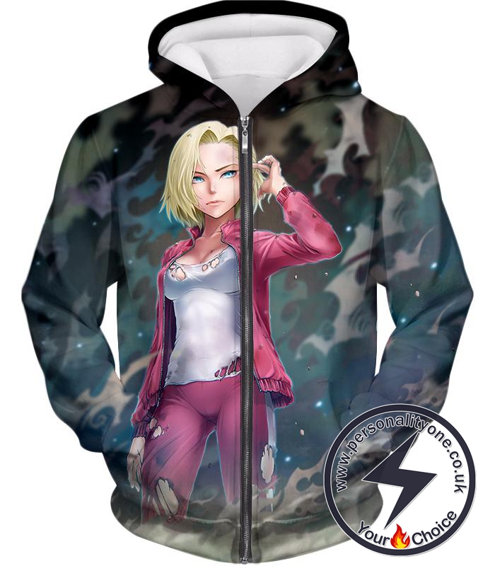 Dragon Ball Super Very Cute Fighter Android 18 Extremely Pretty Anime Graphic Zip Up Hoodie